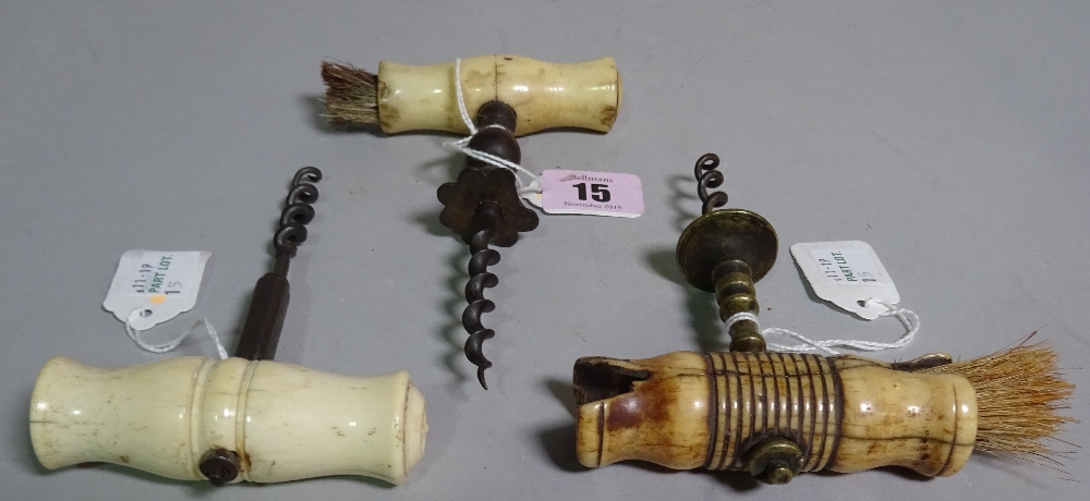 Three mid-19th century straight pull corkscrews, each with turned bone handle, - Image 2 of 2