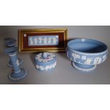 A group of Wedgwood blue jasper, 20th century, comprising; a bowl sprigged with classical figures,