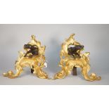 A pair of French ormolu and patinated bronze chenets, second half 19th century,