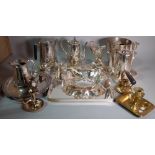 A large quantity of silver and plated items, comprising; trays, bowls, candlesticks, jugs,