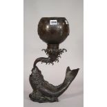 A Chinese bronze vase on stand, 20th century, the globular bowl relief cast,