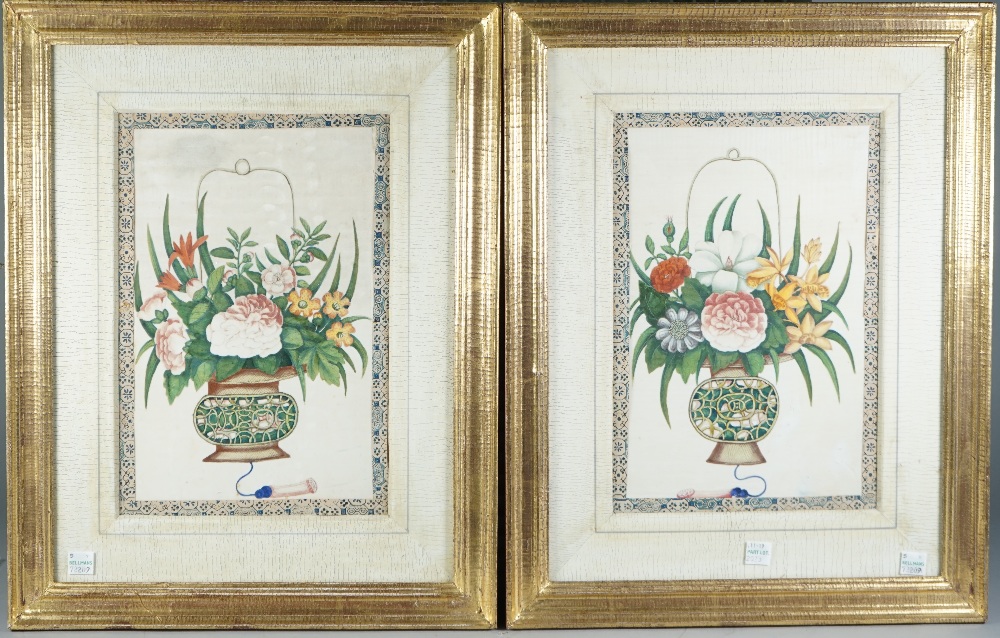 A pair of Chinese paintings on rice paper, 19th century, each painted with a basket of flowers,
