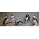 A group of five Royal Crown Derby imari pattern paperweights, comprising; two penguins,