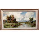 Schmid (20th century), River landscape, oil on canvas, signed, 49cm x 100cm.