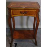 A 19th century style Continental walnut and inlaid two tier single drawer side table,