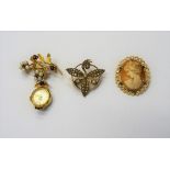 A Rotary 9ct gold, garnet and cultured pearl set lady's watch brooch,