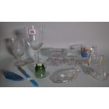 A group of glassware, comprising; a Bohemian blue glass miniature slipper,
