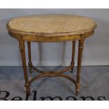 A Louis XV giltwood oval centre table with inset marble top on fluted supports united by 'X' frame