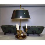 A Georgian style Bouillette style brass table lamp with adjustable green painted circular tin shade,