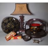 Asian interest; a gilt decorated lacquer circular box, a fret cut hardwood table lamp,