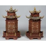 A pair of Chinese style model pagodas, 20th century, gilt/red painted wood and lacquer,