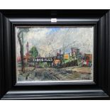 E. Rowe (20th century), View of a tramway, oil on board, signed, 32cm x 44.5cm.