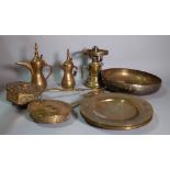 Copper and brass, including; an oil lamp, chestnut roasters, a gong and sundry, (qty).