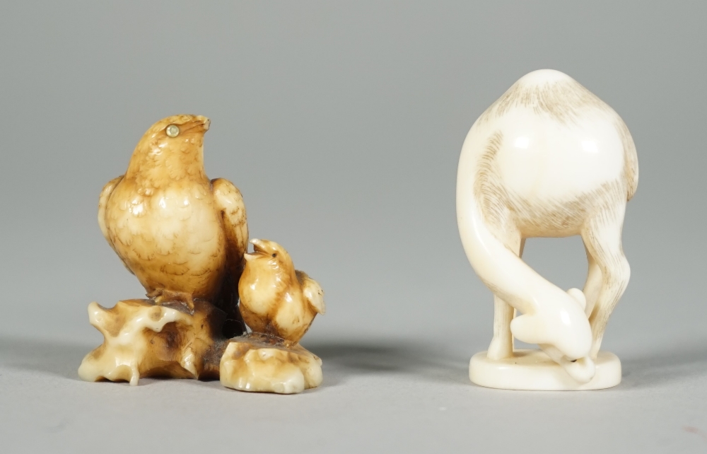 A Japanese ivory netsuke of a hawk and young, Edo period, 19th century, perched side by side,