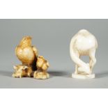 A Japanese ivory netsuke of a hawk and young, Edo period, 19th century, perched side by side,
