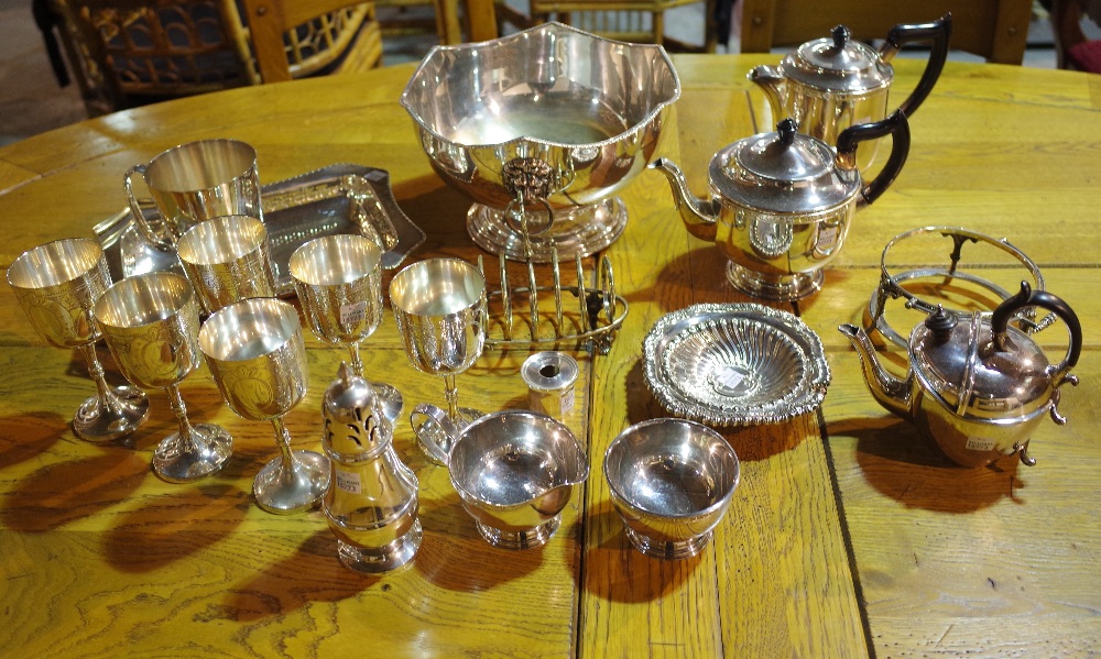 Plated wares, comprising; punch bowl, entree dish, tea pot, coffee pot, six goblets and sundry, - Image 2 of 2