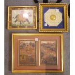 A group of four miniature Indian pictures, including; two framed as one depicting a tiger hunt.