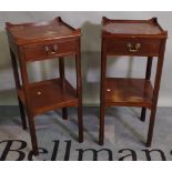 A pair of late George III stye mahogany two tier side tables with galleried tops over single drawer,