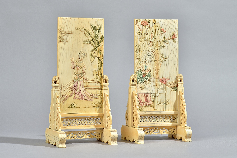 A pair of Chinese ivory table screens and stands, Qing dynasty,