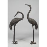 A pair of life size bronze standing cranes, probably Japanese, unsigned, 150cm high, (2).