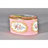 An English pink ground enamel oval casket, 18th century,