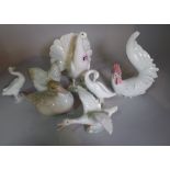 Ceramics, Lladro, a group of seven models of birds, including; chicken, cockerel, three geese etc.