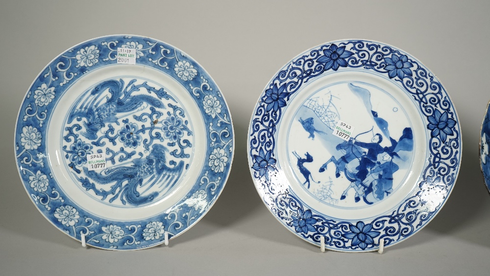 Four Chinese blue and white plates, 18th century, one painted with a hunting scene, - Image 3 of 6