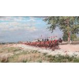 Ferdinand Joseph Gueldry (1858-1945), Cavalry parade, oil on canvas, signed, 29cm x 49.5cm.