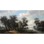 Continental School (19th century), Wooded river landscape, oil on canvas, indistinctly signed, 49.