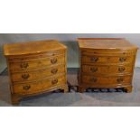 A pair of Regency style walnut and mahogany bowfront bedside chest with three long graduated