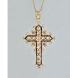 A gold, diamond set and black enamelled pendant cross, probably European,