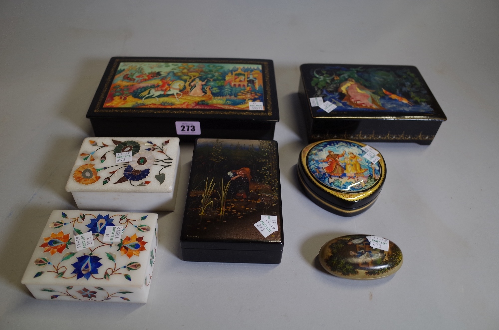 A group of 20th century hand painted lacquer boxes, mostly Russian and two inlaid stone boxes.
