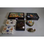 A group of 20th century hand painted lacquer boxes, mostly Russian and two inlaid stone boxes.