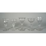 A group of five sweetmeat glasses, circa 1750-1780, four with a pedestal stem and domed foot,