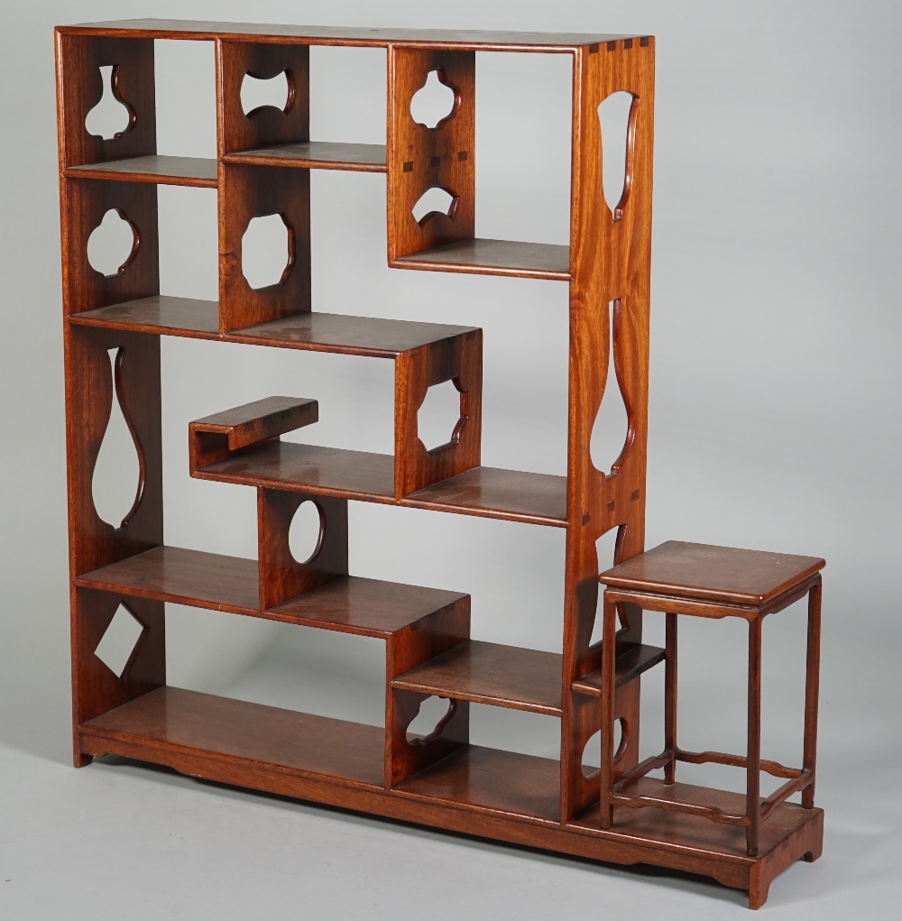 A pair of Chinese hardwood shelves, late 19th/early 20th century, 51cm high by 50cm at widest point, - Image 4 of 5