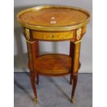 A Regency style specimen wood inlaid oval gilt metal mounted oval two tier side table,