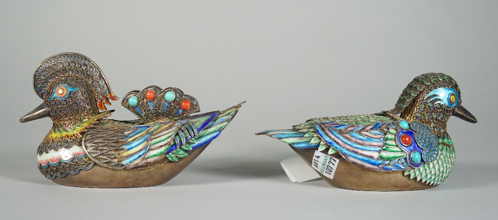 A pair of Chinese gilt enamelled censers and covers, 20th century, each modelled as a mandarin duck, - Image 3 of 8