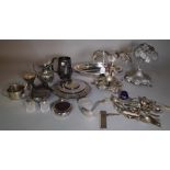 Silver plated wares, including; a pair of palm trees, an entree dish, two hip flasks and sundry,