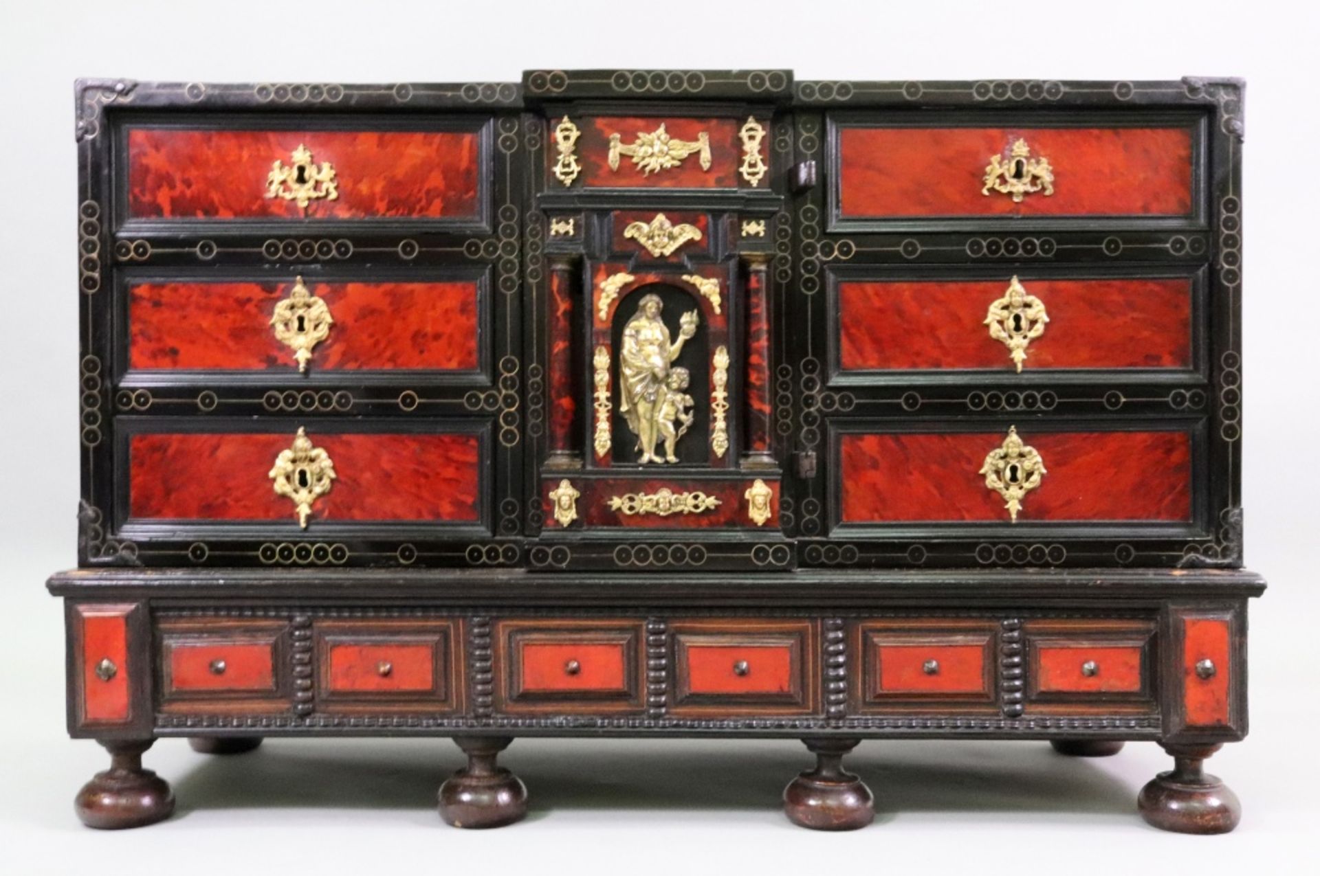 A late 17th century Flemish ebony cedar and tortoiseshell veneered table cabinet, - Image 2 of 5