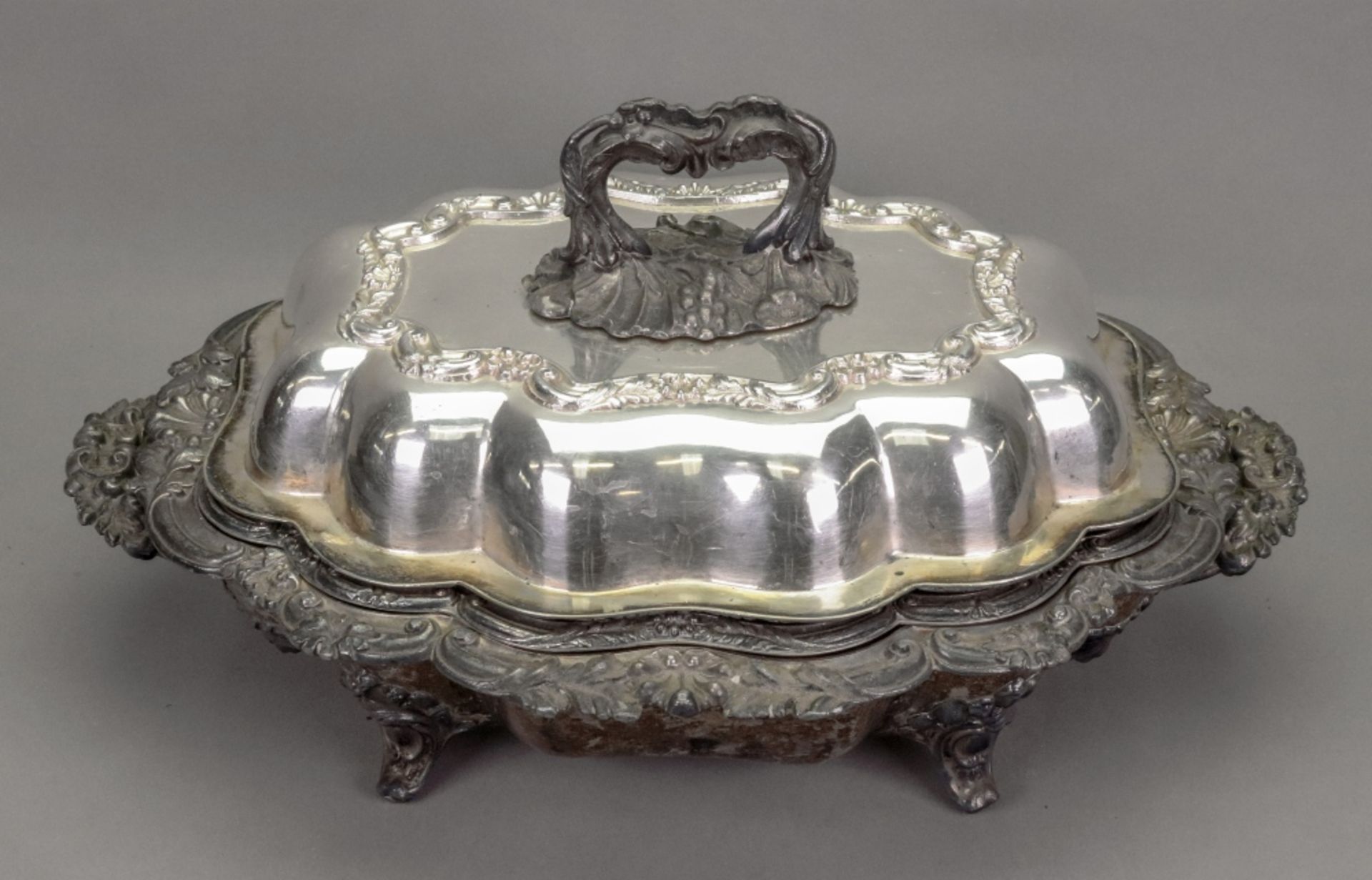 An Old Sheffield plate two handled entree dish, of lobed oval form, with hot water heater base, - Image 2 of 4