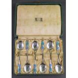 Liberty & Co; a cased set of six silver and enamelled teaspoons, Birmingham 1927,