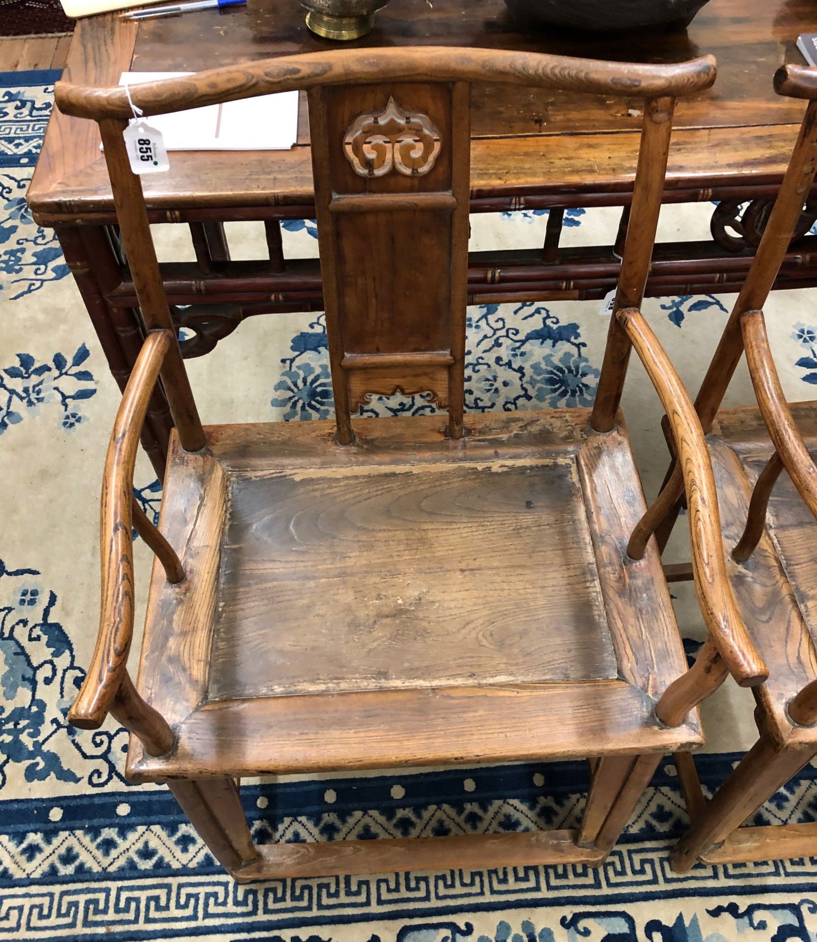 A pair of Chinese open arm elbow chairs, with carved and pierced and panelled splats, - Image 6 of 15