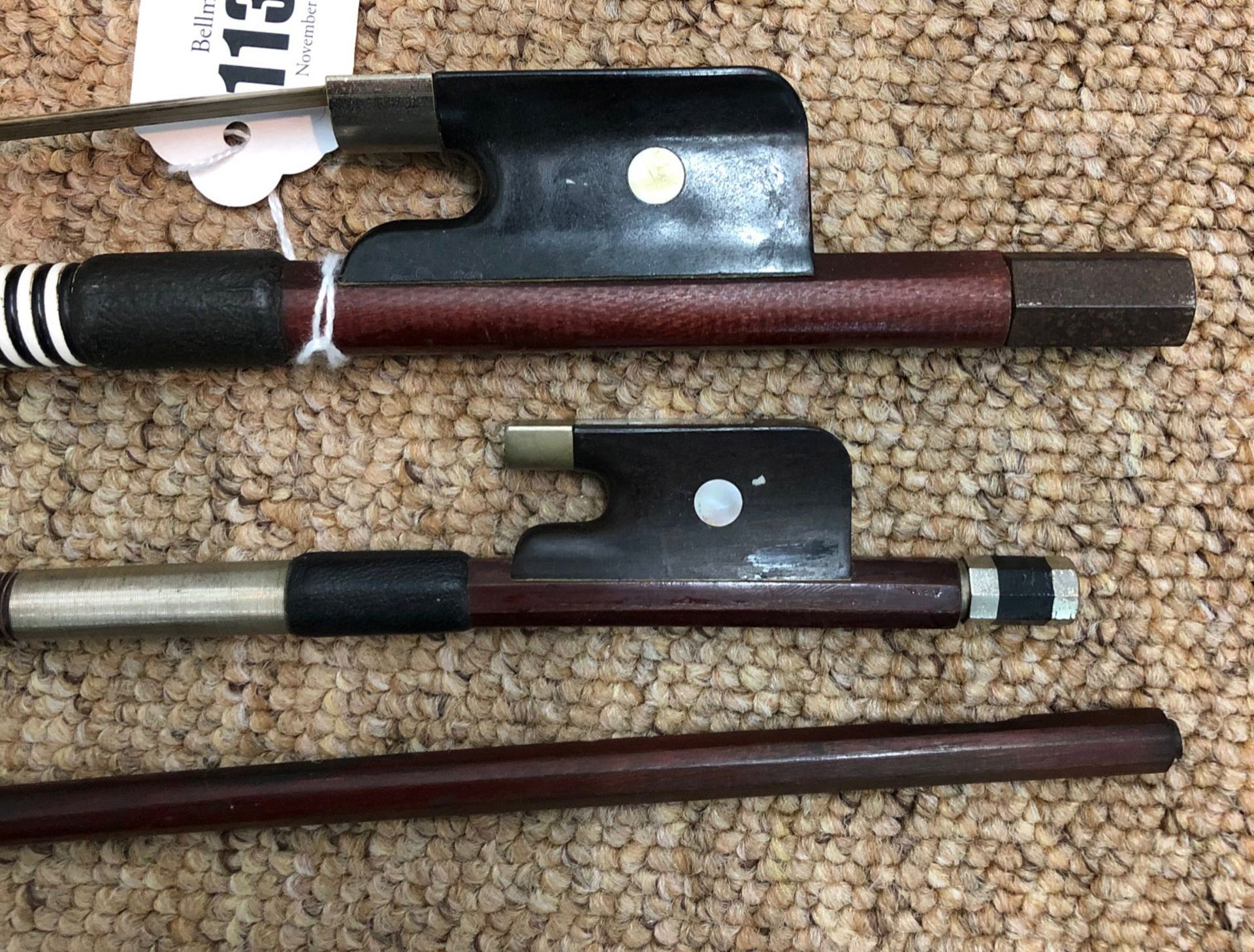 Three Violin bows, one mahogany and ebony, stamped Prima 200, with bone, - Image 6 of 7