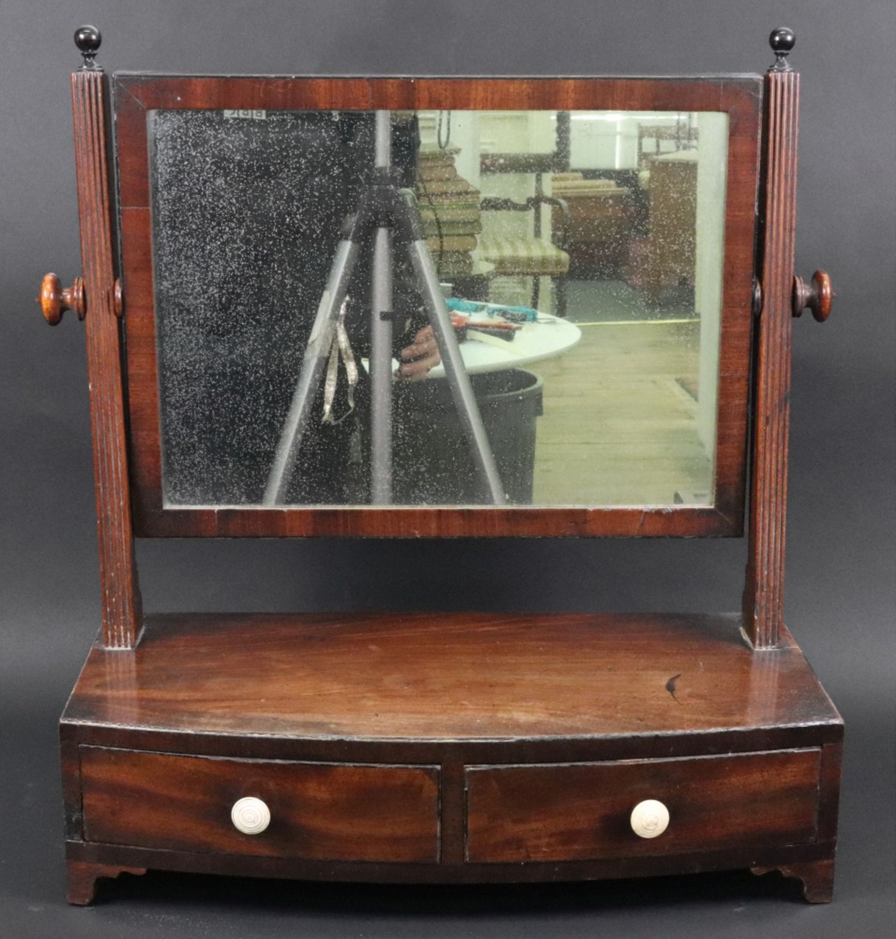 A George III mahogany swing toilet mirror, with ebony banded bowfronted two drawer box plateau base, - Image 3 of 3