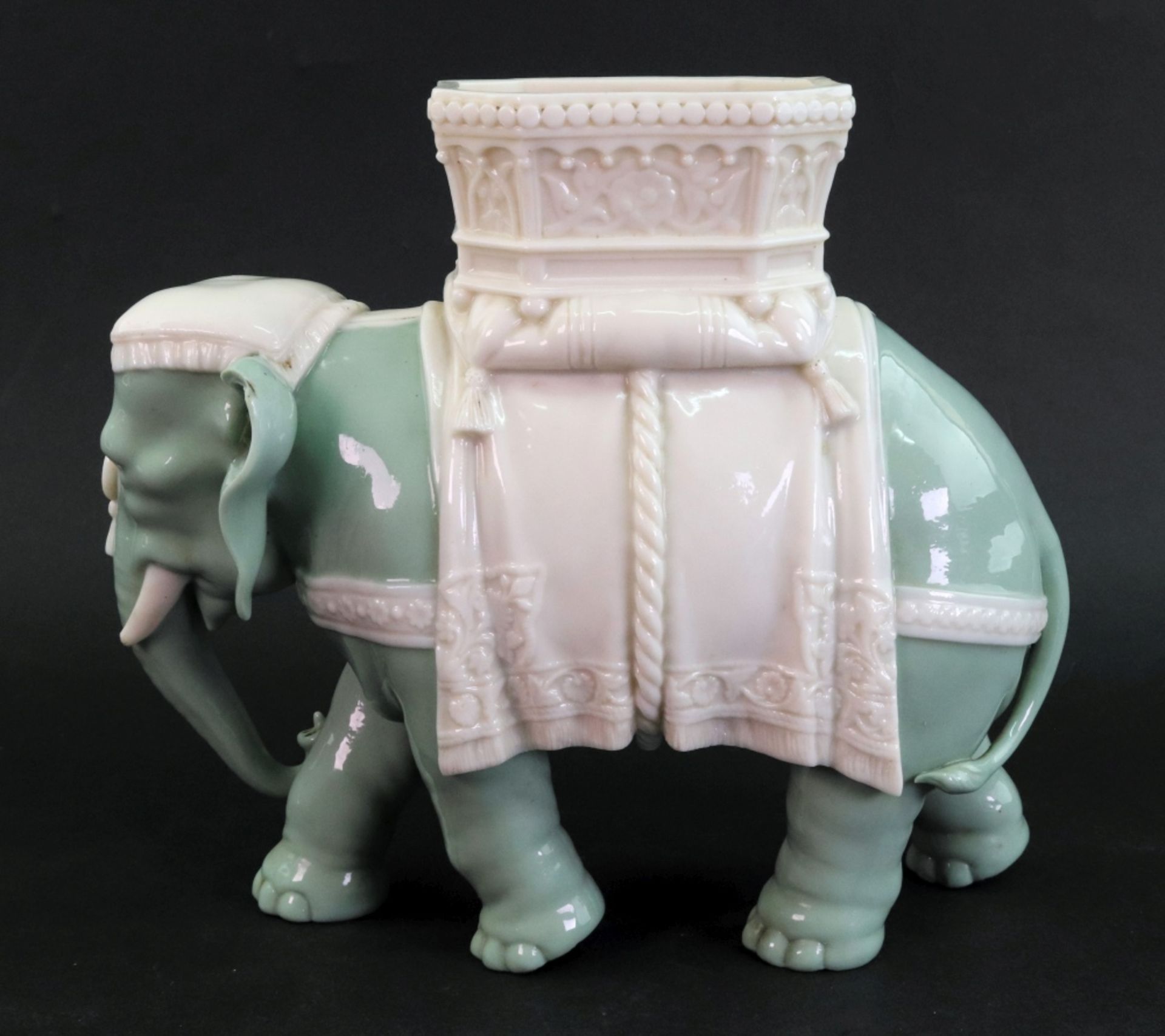 A James Hadley Royal Worcester vase, in the form of an elephant with houdah, 23cm wide x 20cm high. - Image 3 of 6