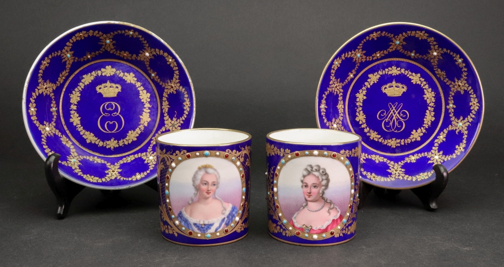 A pair of Sevres style coffee cans and saucers, each painted with a bust portrait of Mme.