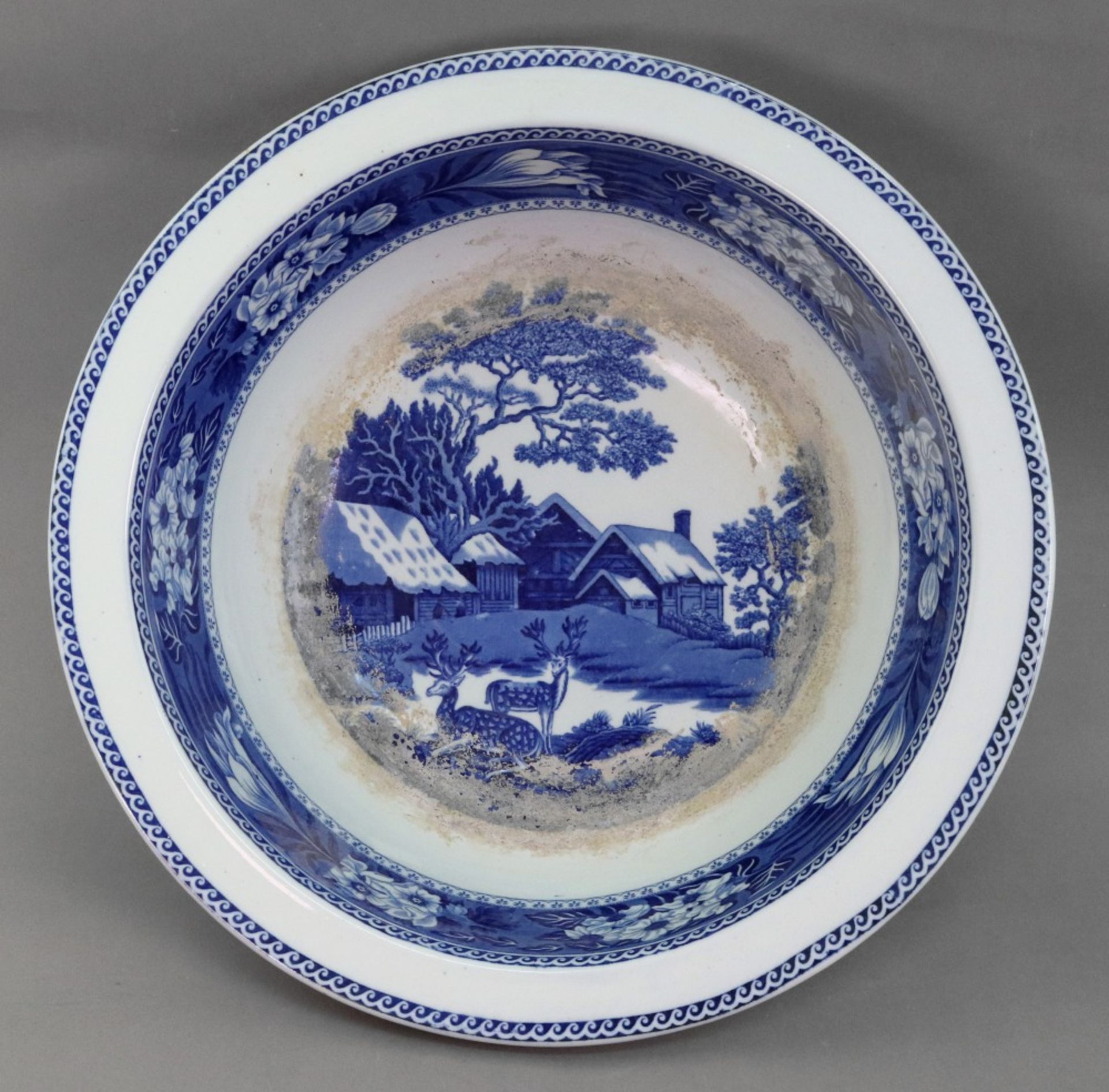 A Wedgwood Fallow Deer blue transfer printed circular bowl, 40cm diameter.