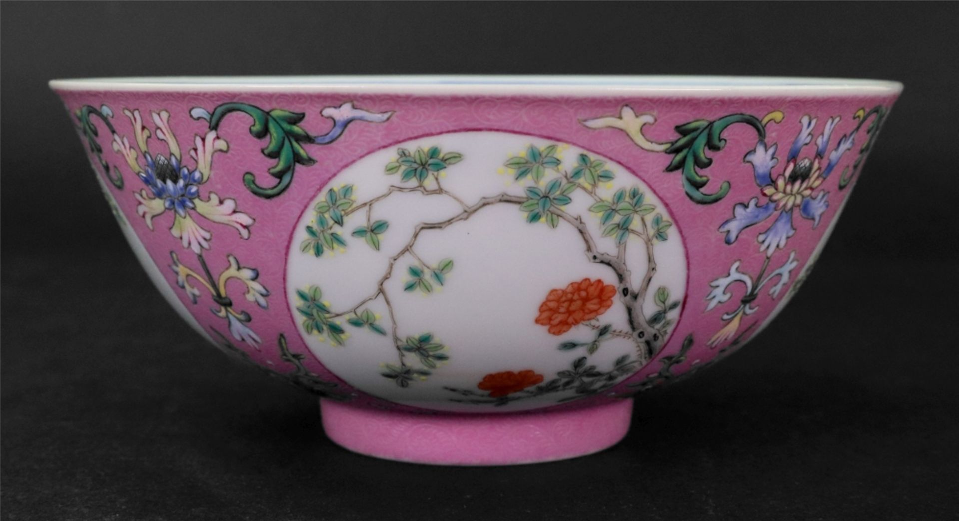 A Chinese pink sgraffito ground famille rose medallion bowl, blue Daoguang seal mark, - Image 12 of 22