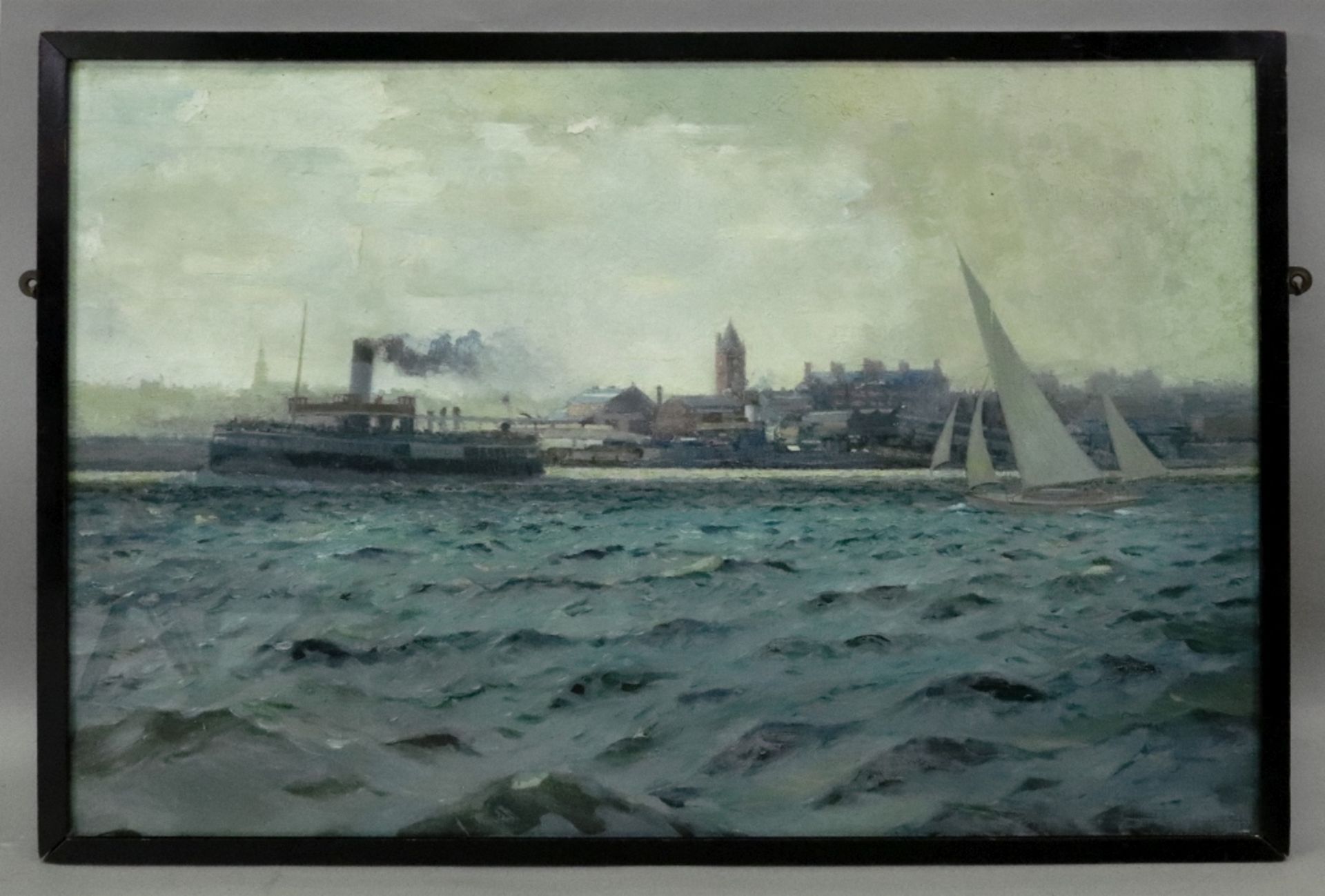 James Scrimgeour Mann (British, 1883-1946), Crossing the Mersey, oil, 53 x 75.5cm. - Image 3 of 3