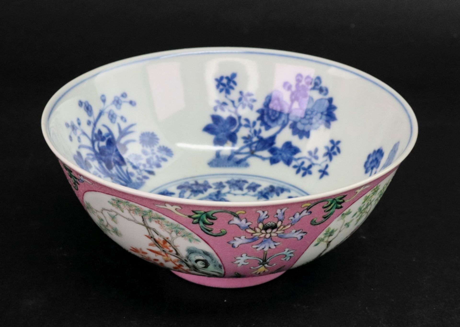 A Chinese pink sgraffito ground famille rose medallion bowl, blue Daoguang seal mark, - Image 9 of 22